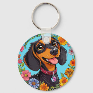 Cheerful Dachshund Bloom Garden Everyday Joy Charm Key Ring