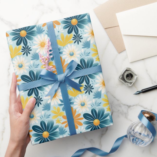  Cheerful Daisy Garden Blue Yellow Floral Pattern Wrapping Paper (Gifting)