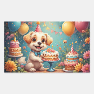 Cheerful Dog Celebrating a Festive Birthday  Rectangular Sticker