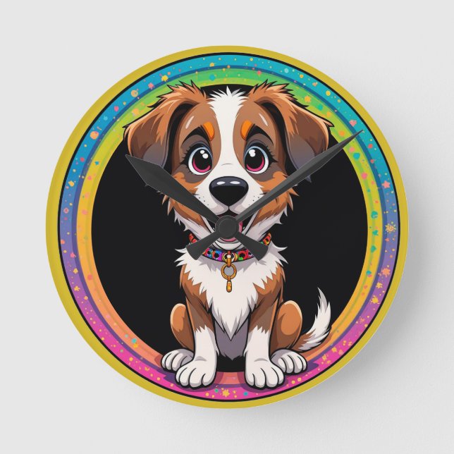 Cheerful Dog Colourful Cartoon Illustration Round Clock (Front)