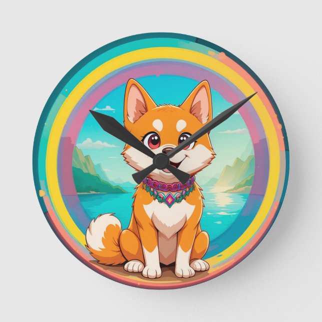 Cheerful Dog Colourful Cartoon Illustration Round Clock (Front)