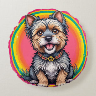 Cheerful Dog Colourful Cartoon Illustration Round Cushion
