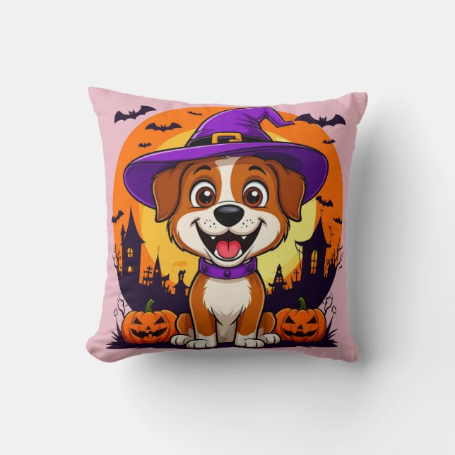 Cheerful Dog Dressed as Witch Amid Halloween Cushion (Front)