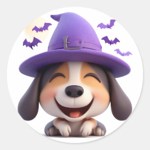 Cheerful Dog Puppy Witch Hat Halloween Theme Decor Classic Round Sticker