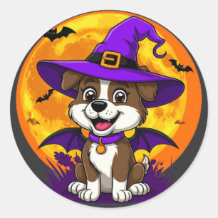 Cheerful Dog Witch Hat Halloween Classic Round Sticker