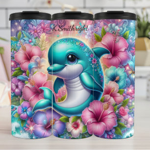 Cheerful Dolphin Floral Fantasy Sparkles Thermal Tumbler