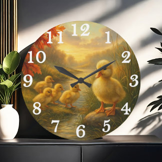 Cheerful duck family in autumn stream large clock