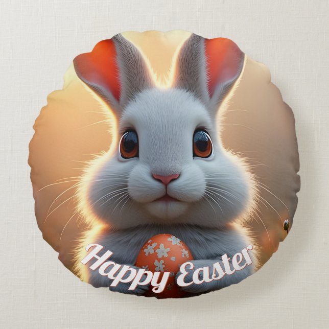 Cheerful Easter Bunny in the Magic of Spring Round Cushion (Front)