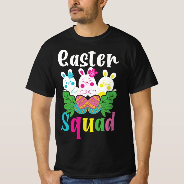Cheerful"Easter Squad Bunny & Eggs Desig T-Shirt (Front)