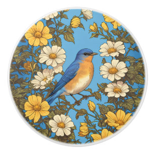 Cheerful Eastern Bluebird Yellow and White Flowers Ceramic Knob