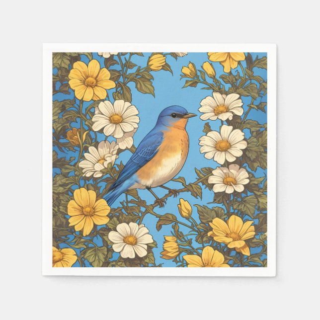 Cheerful Eastern Bluebird Yellow and White Flowers Napkin (Front)