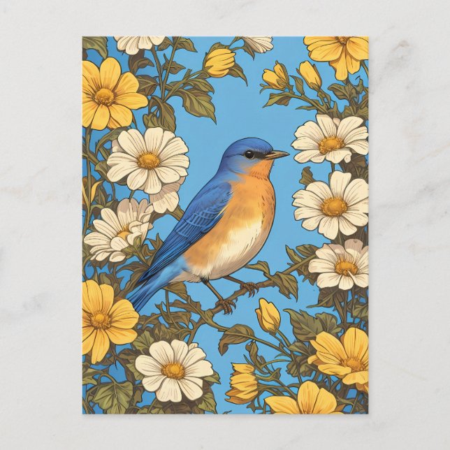 Cheerful Eastern Bluebird Yellow and White Flowers Postcard (Front)