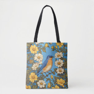 Cheerful Eastern Bluebird Yellow and White Flowers Tote Bag