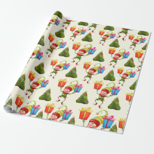 Cheerful Elf Carrying gift around a Christmas tree Wrapping Paper