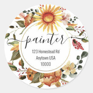 Cheerful Fall Sunflower Wedding Address Classic Round Sticker