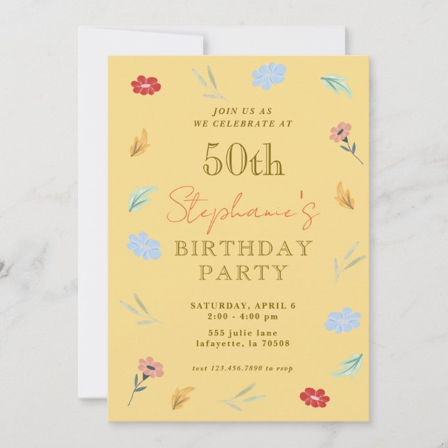 Cheerful Floral 50th Birthday invitations (Front)