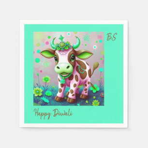Cheerful Floral Cow Diwali Decor Napkin