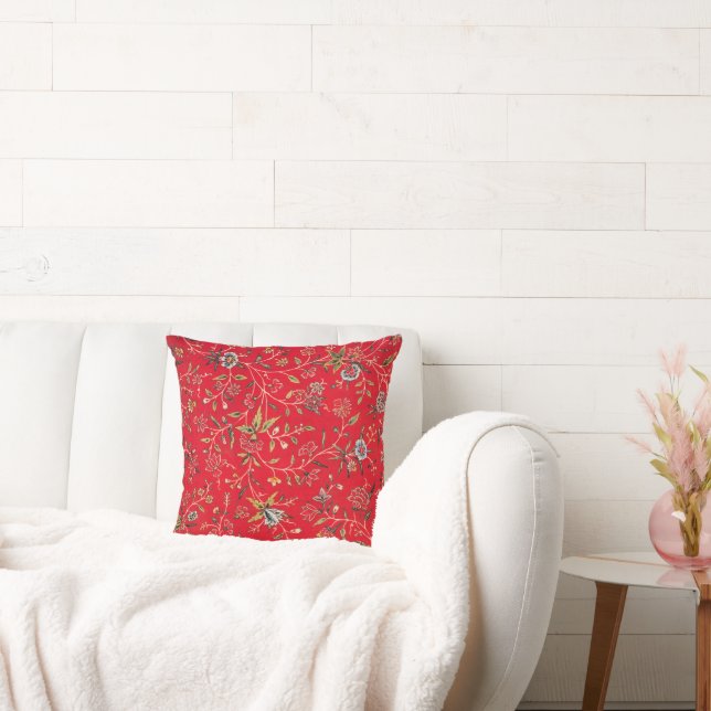 Cheerful Floral Pattern in Bright Red, Cushion (Couch)