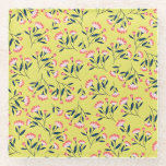 Cheerful Floral Pattern: Pink Flowers  Glass Coaster<br><div class="desc">Patterned design with pink flowers and dark green leaves scattered on a bright yellow background. The floral motif is cheerful and lively.</div>