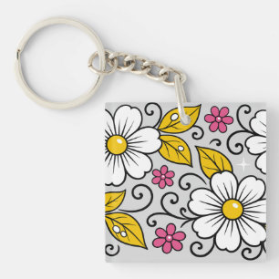 Cheerful Floral Pattern with Bold Outlines Key Ring