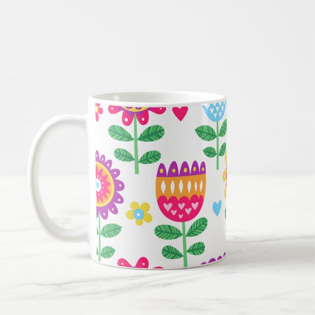 Cheerful Flowers Vintage Colourful Pattern Coffee Mug (Left)