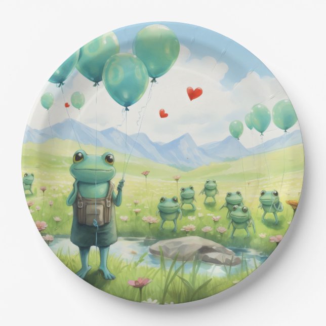 Cheerful frogs blue balloons paper plate (Front)