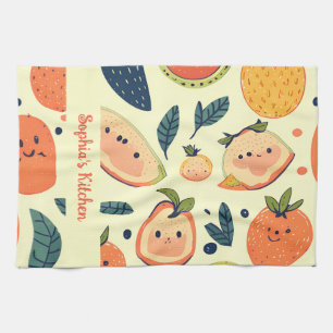 Cheerful Fruit Characters in Watercolor Tea Towel