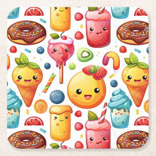  Cheerful funny cute sweets  Square Paper Coaster