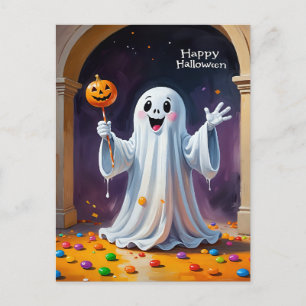 Cheerful Ghost with Pumpkin Postcard