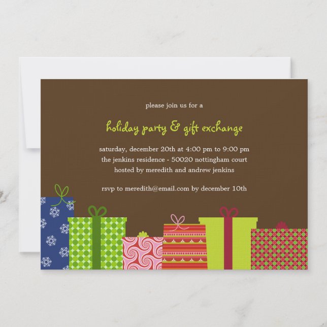 Cheerful Gifts Holiday Party Invitation - Brown (Front)