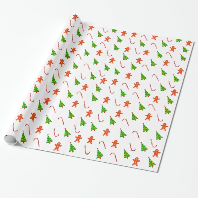 Cheerful Ginger Bread Man Candy Cane TreChristmas Wrapping Paper (Unrolled)
