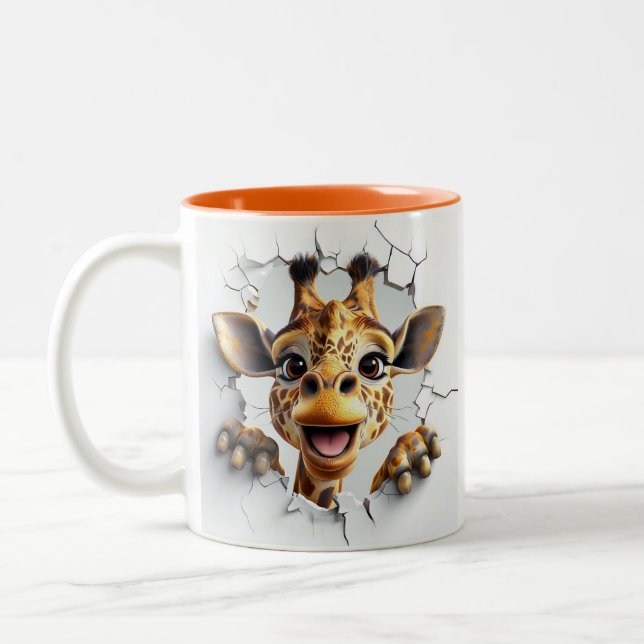 Cheerful Giraffe Breaking Through A White Wall Two-Tone Coffee Mug (Left)