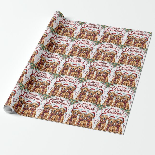 Cheerful Golden Retriever Dogs Merry Christmas Wrapping Paper (Unrolled)