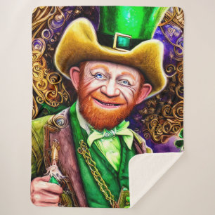 Cheerful Green Leprechaun with Shamrock Pipes Sherpa Blanket