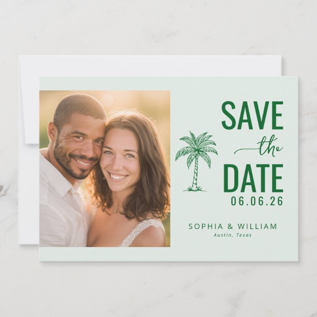 Cheerful Green Tropical Photo Save The Date (Front)