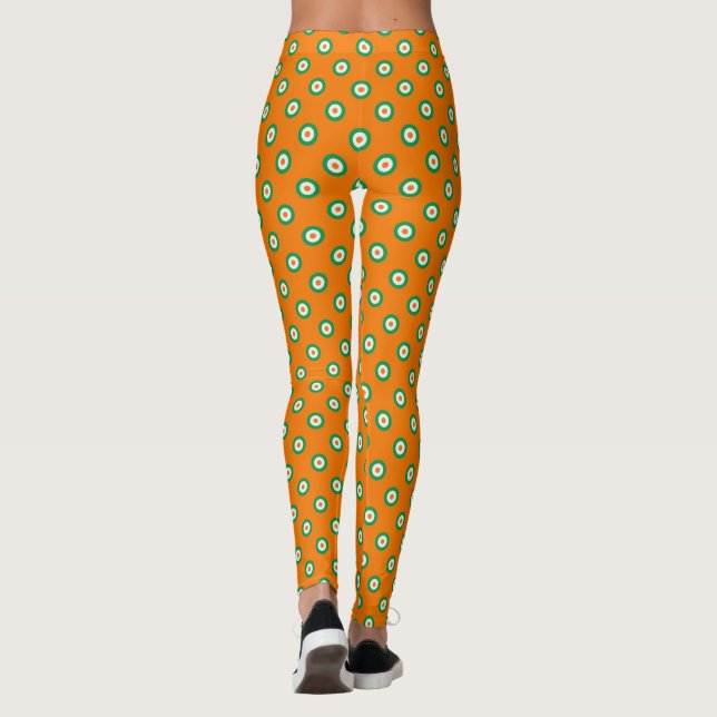Cheerful Green/White/Orange Dots on Orange Leggings (Back)