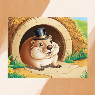 Cheerful Groundhog with Top Hat Postcard