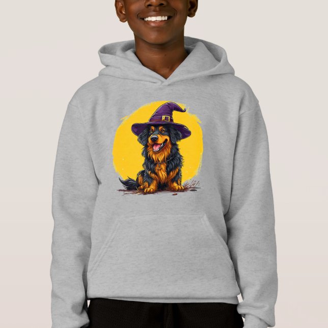 Cheerful Halloween Dog Wearing a Witch Hat (Front)
