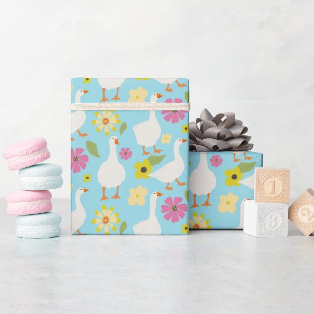 Cheerful Hand Drawn Geese Pattern - Blue Wrapping Paper (Baby Shower)