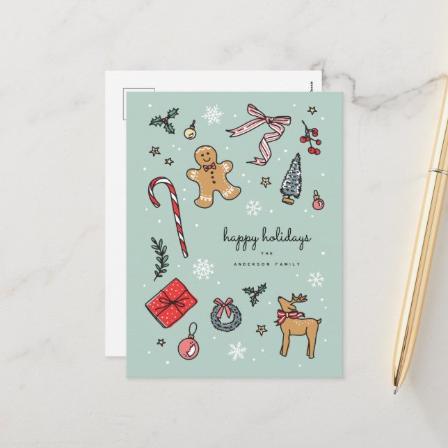 Cheerful Hand Drawn Holiday Illustrations Postcard (Front/Back In Situ)