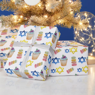 Cheerful Hanukkah Watercolor Pattern Wrapping Paper