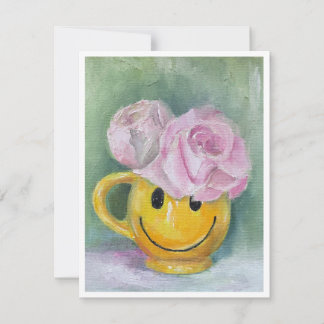 Cheerful Happy Face Mug with Pink Roses Note Card