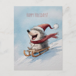 Cheerful hedgehog rides sled down, Christmas Postcard