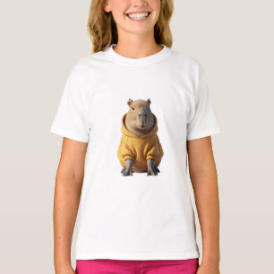 Cheerful Hippo in Yellow Hoodie Kids T-Shirt