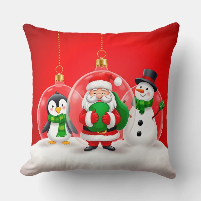 Cheerful Holiday Characters Santa, Penguin  Cushion (Front)