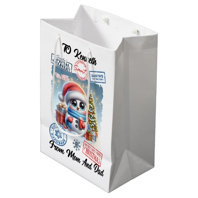 Cheerful Holiday Snowman Santa Sack Medium Gift Bag (Front Angled)