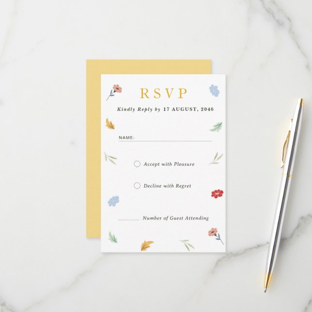 Cheerful Joyful Colourful Floral RSVP Response Car (Front/Back In Situ)