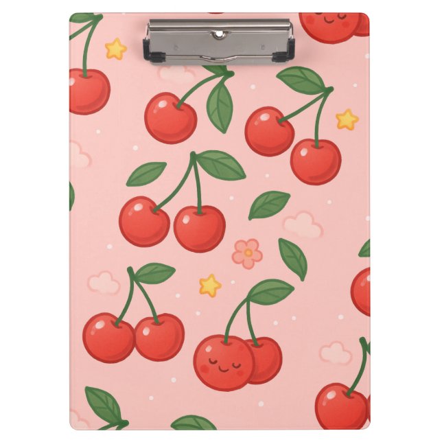 Cheerful Kawaii Cherry Pattern Illustration Clipboard (Front)