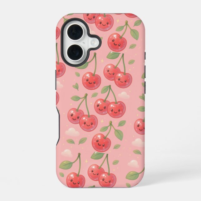 Cheerful Kawaii Cherry Pattern Illustration iPhone 16 Case (Back)