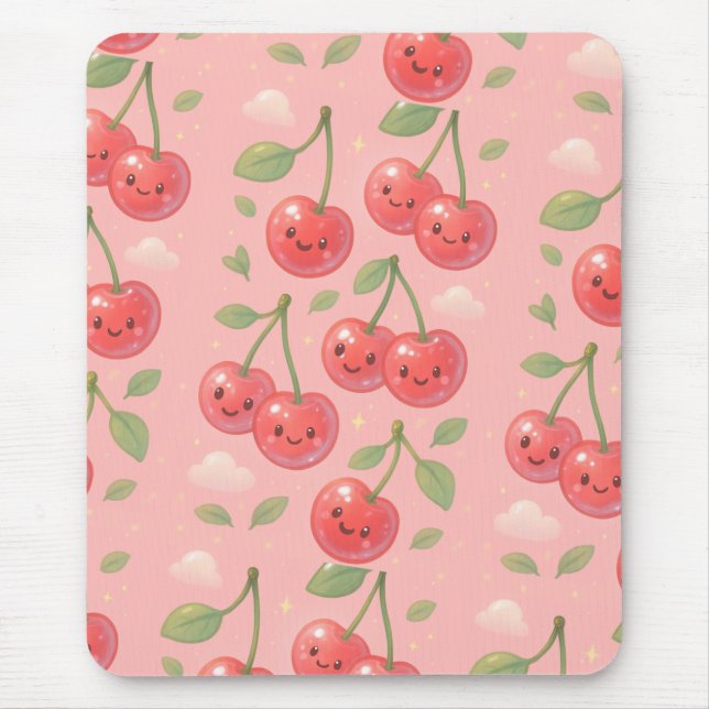 Cheerful Kawaii Cherry Pattern Illustration Mouse Pad (Front)
